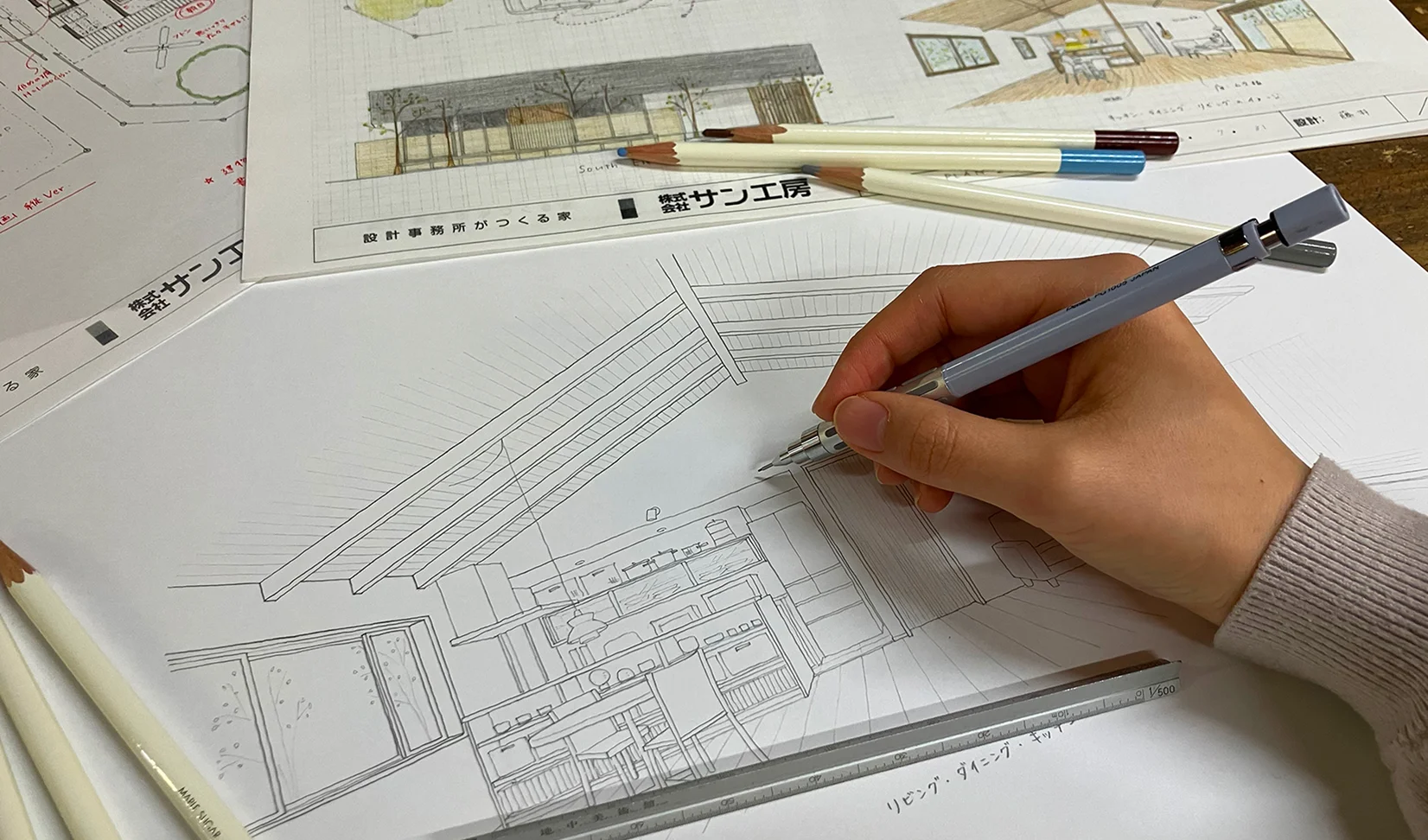 縁側と庭木のある和風木造住宅のアプローチ